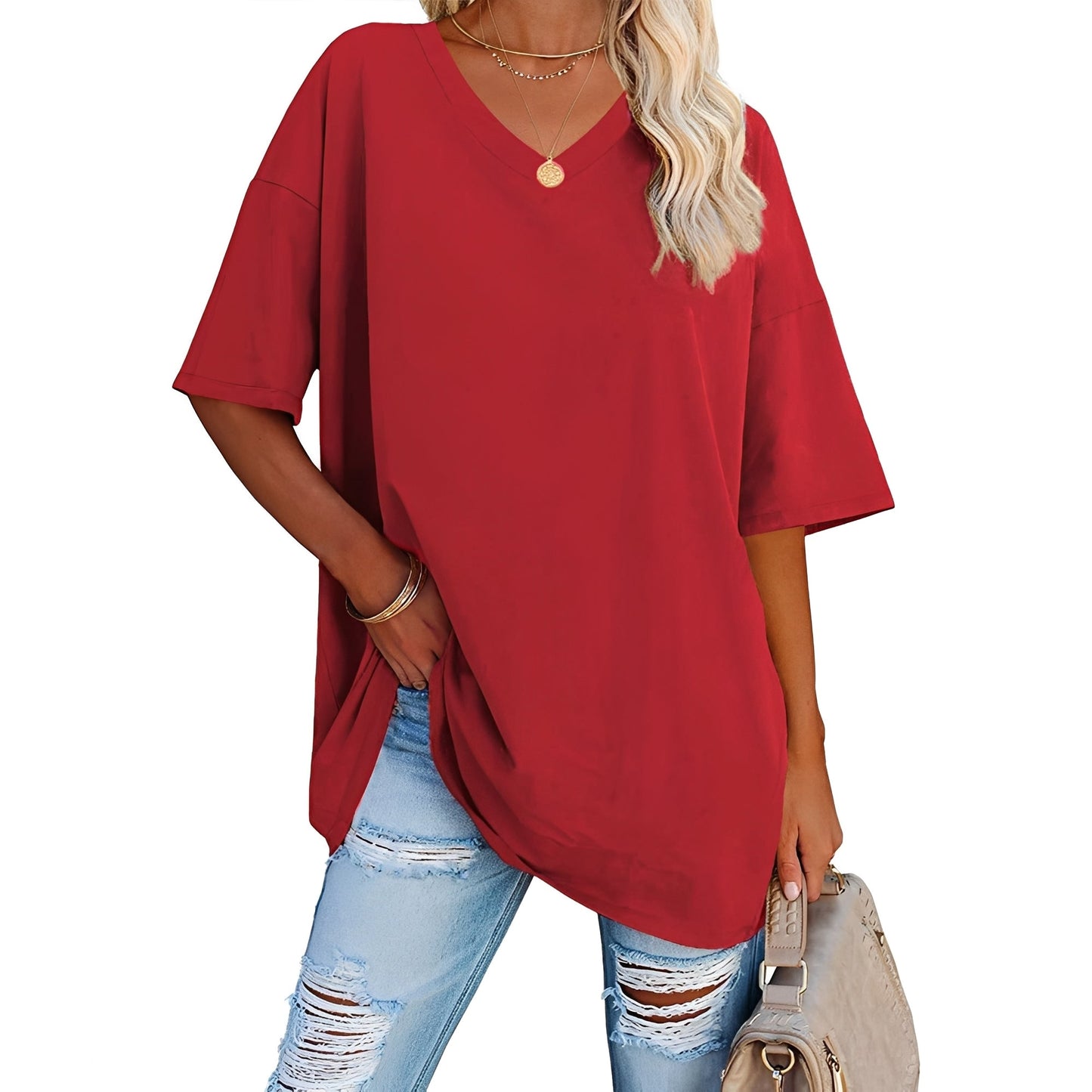 Damen Shirt V-Ausschnitt Lässig Locker Geschnitten