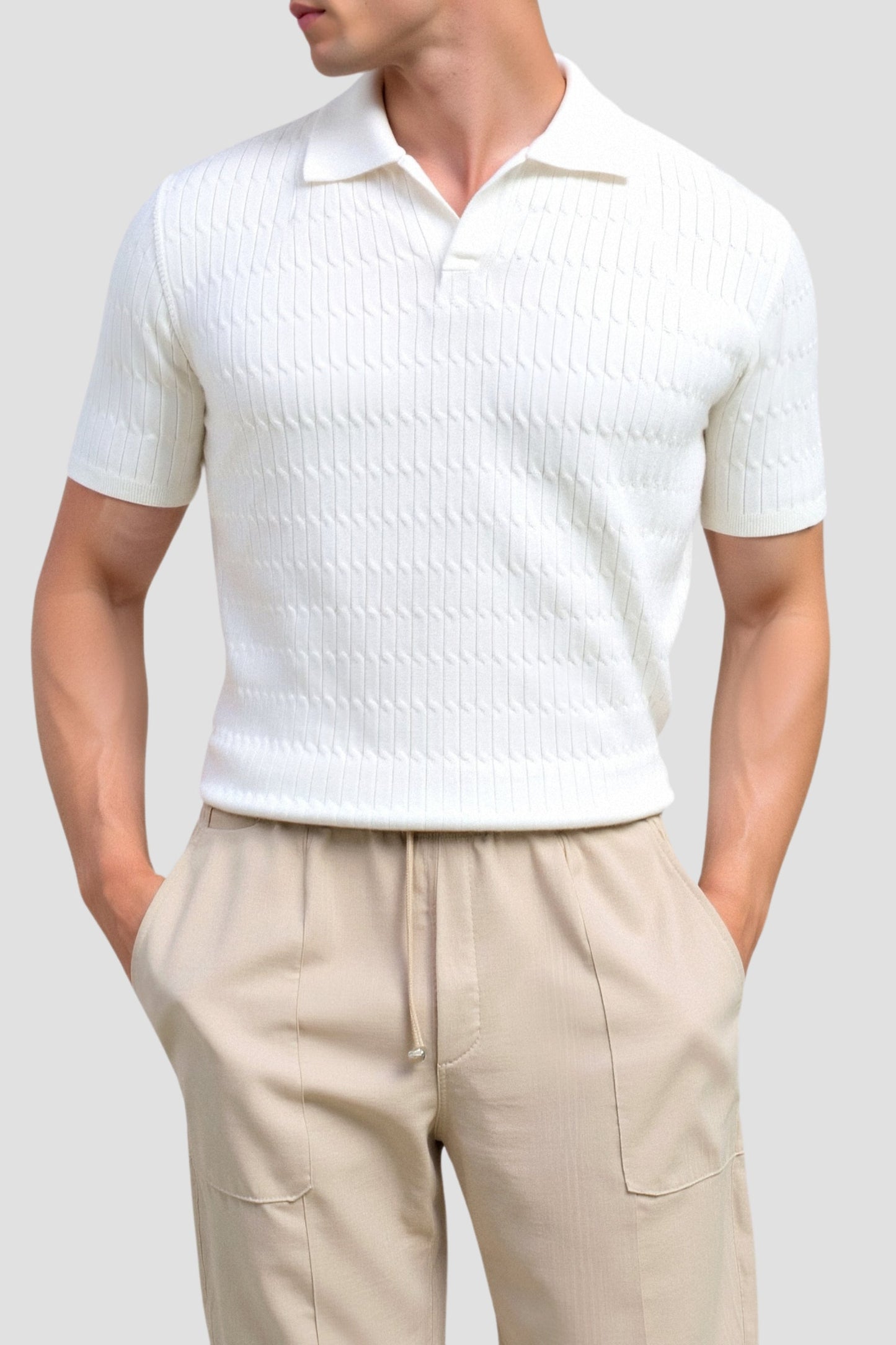 Weißes Poloshirt Strick mit Struktur Optik