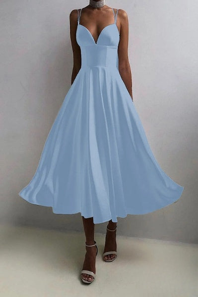 Elegantes Damenkleid Midi Spaghettiträger Abendkleid