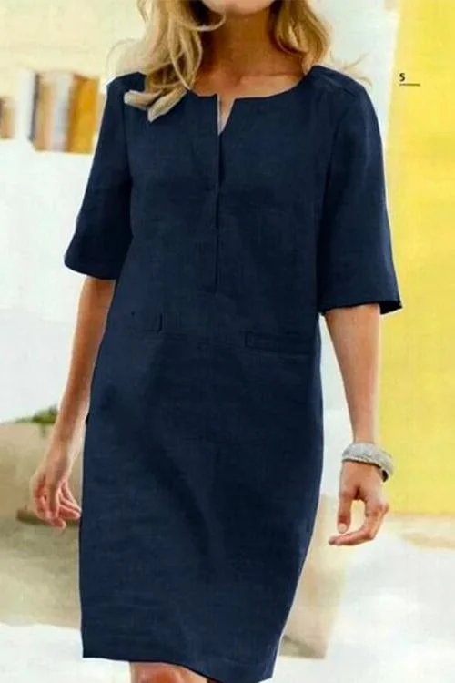 Kleid Damen Kurzärmlig Leinen Sommerkleid Baumwolle