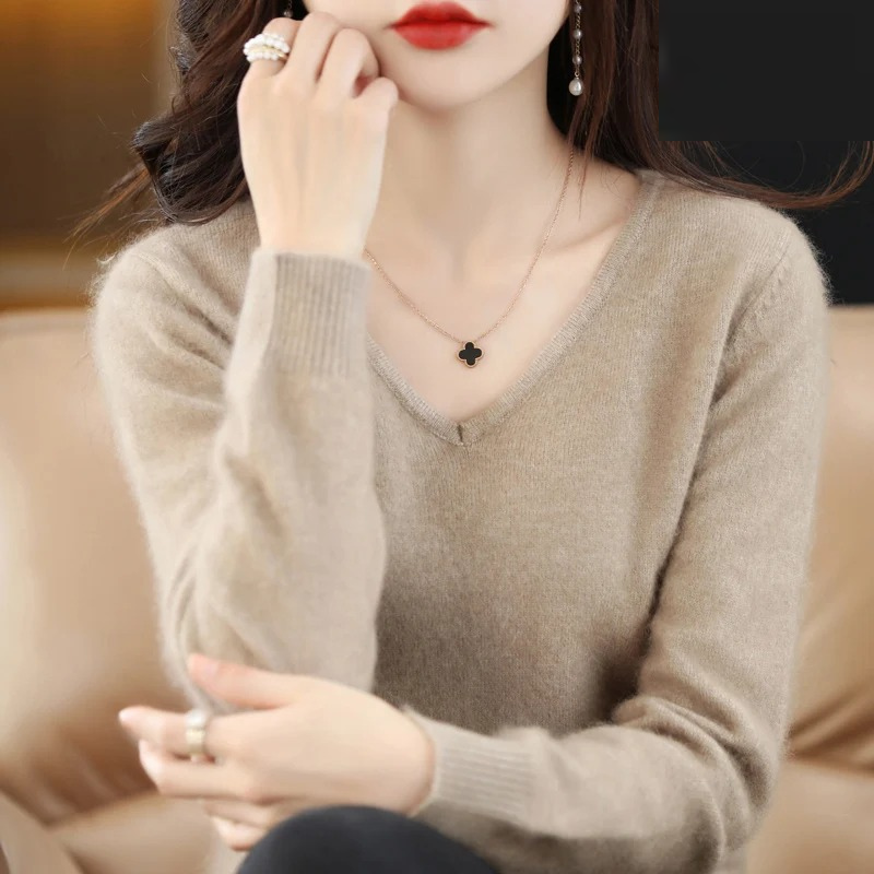Damen Pullover V-Ausschnitt Weich Leichter Strick