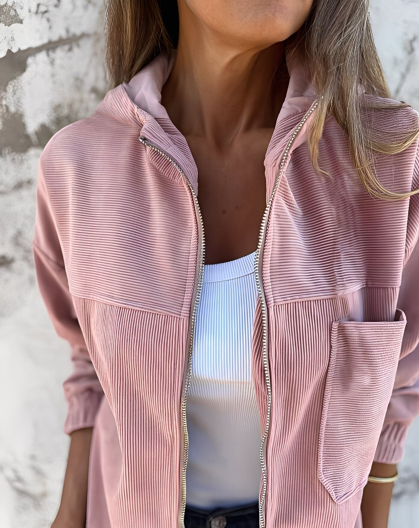 Frauen Cordjacke Lässig Mit Kapuze Trendig