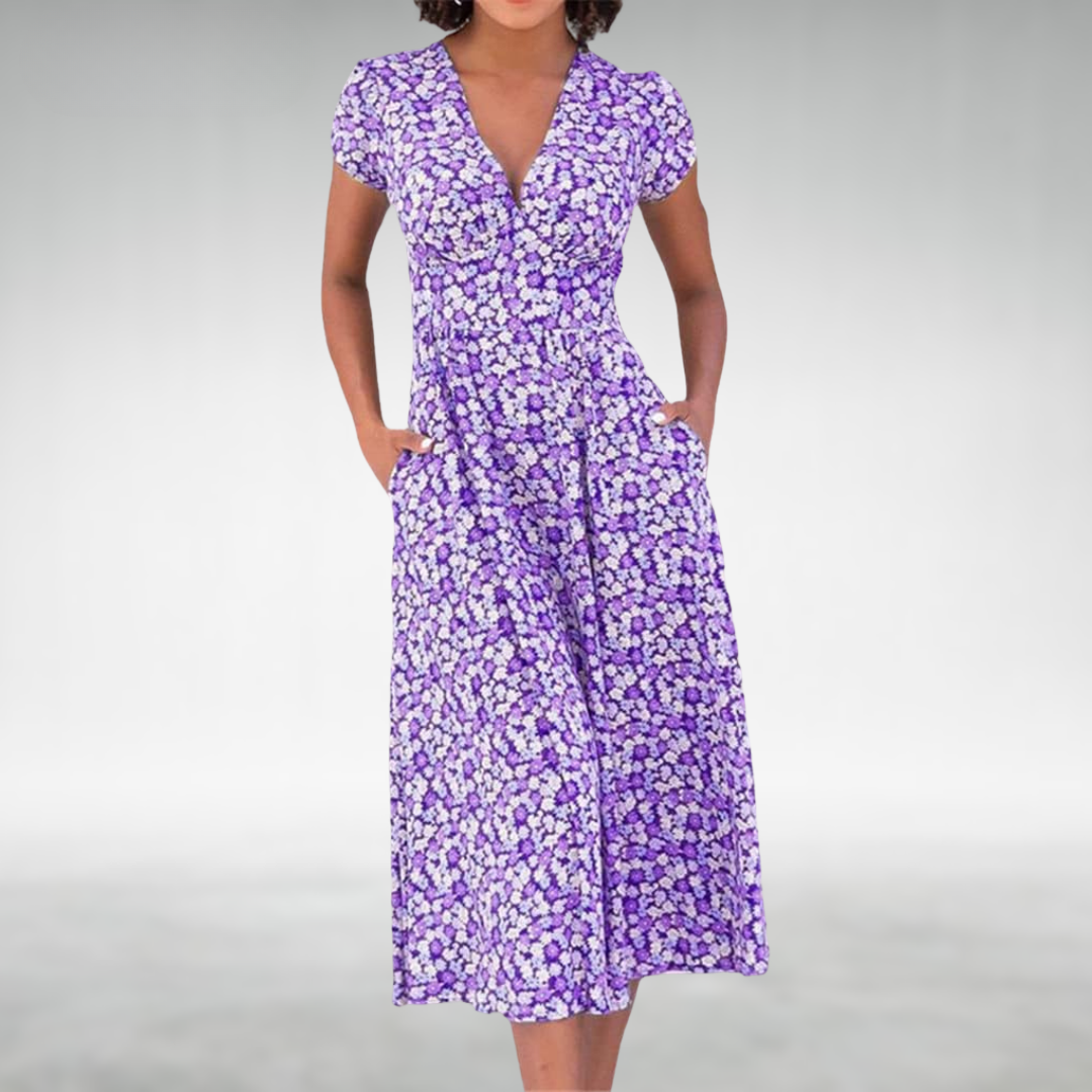 Sommerkleid Damen Blumen Midi Kleid mit V-Ausschnitt und Taschen