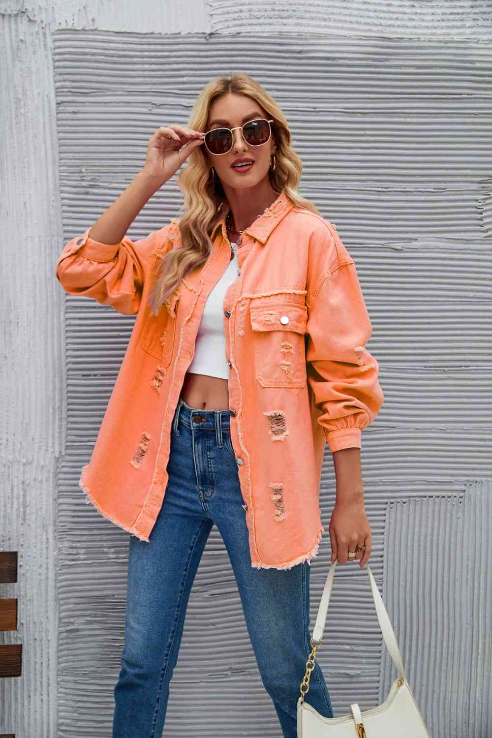Rohsaum Denimjacke Zerrissen Trendig Frauenjacke
