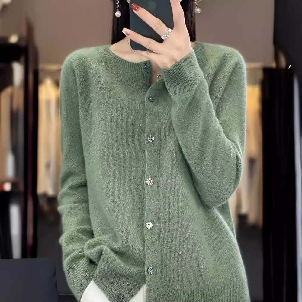 Damen Strickjacke Merino Wolle Rundhals Langärmlig - BerlinGlamour