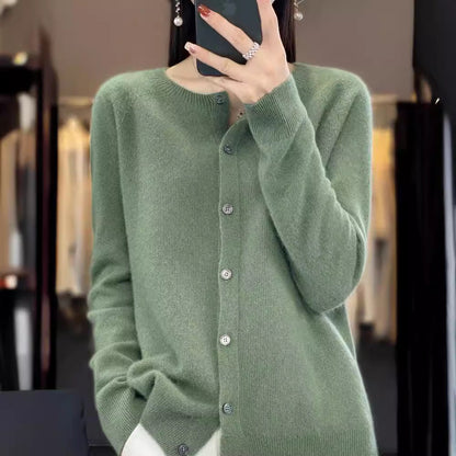 Damen Strickjacke Merino Wolle Rundhals Langärmlig - BerlinGlamour
