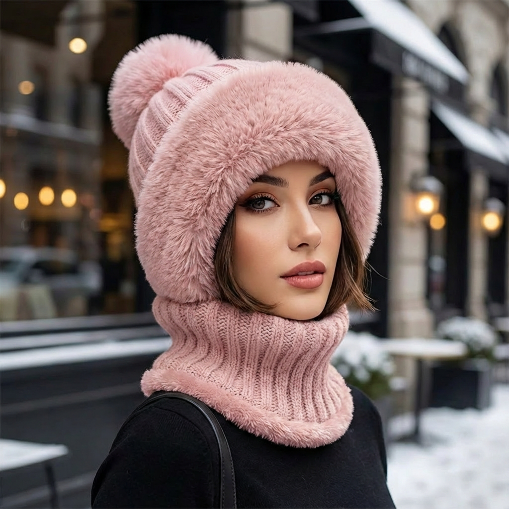 Warme Wintermütze 2-in-1 mit Schlauchschal und Kunstfell - BerlinGlamour