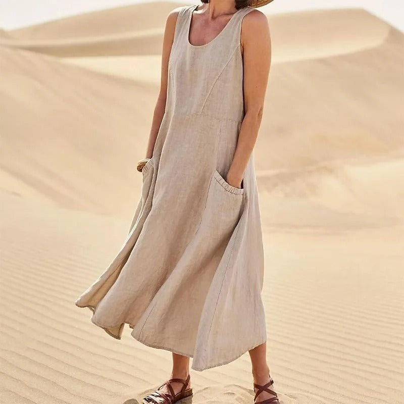 Leinenkleid Damen Ärmellos Sommerkleid mit Taschen