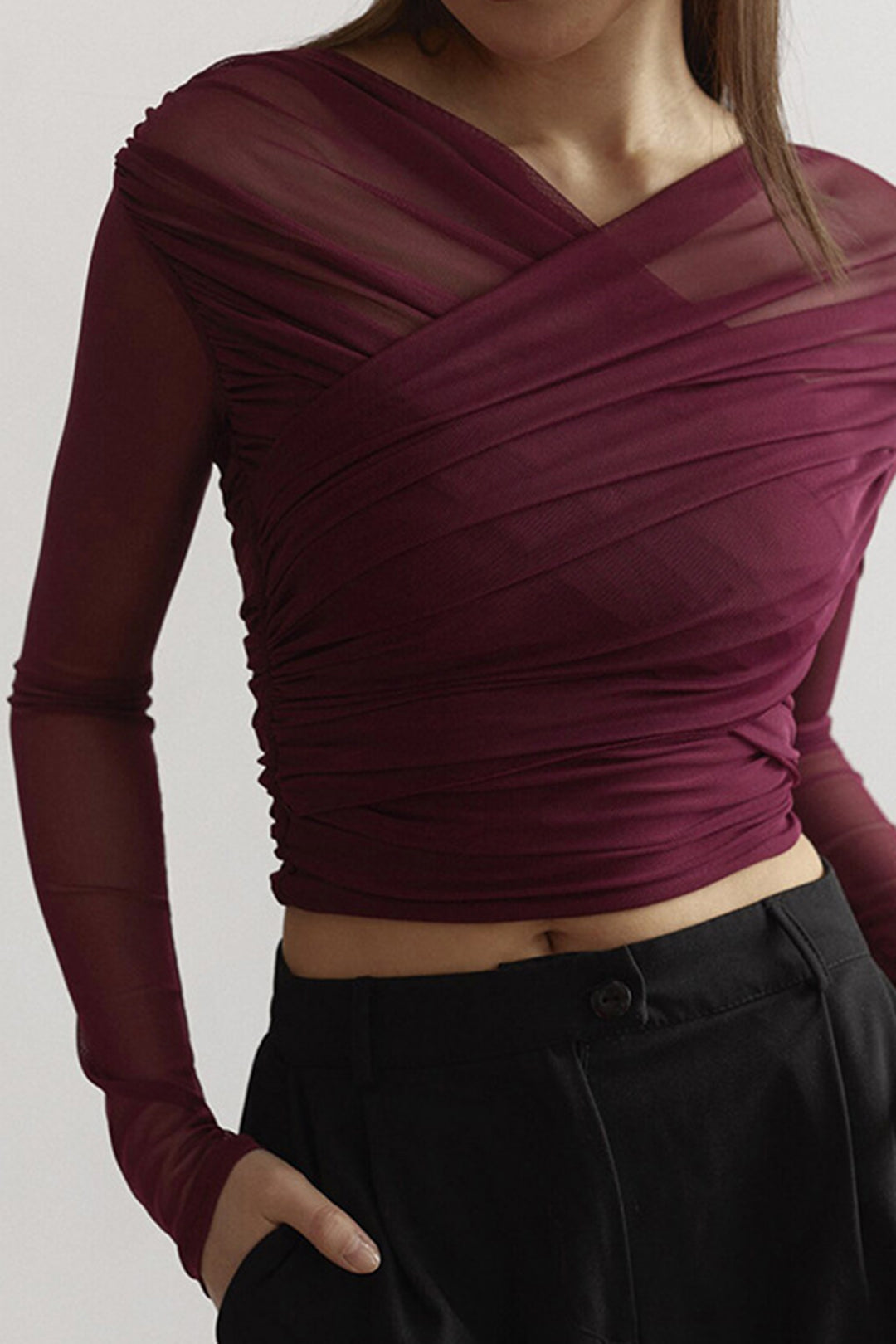 Damen Oberteil Langarm Mesh Top mit Rüschen - BerlinGlamour
