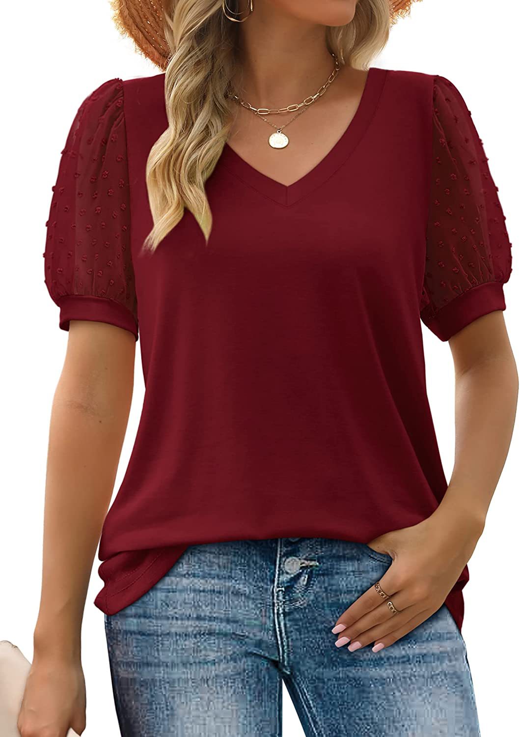 Damen Oberteil V-Ausschnitt Puffärmel Top