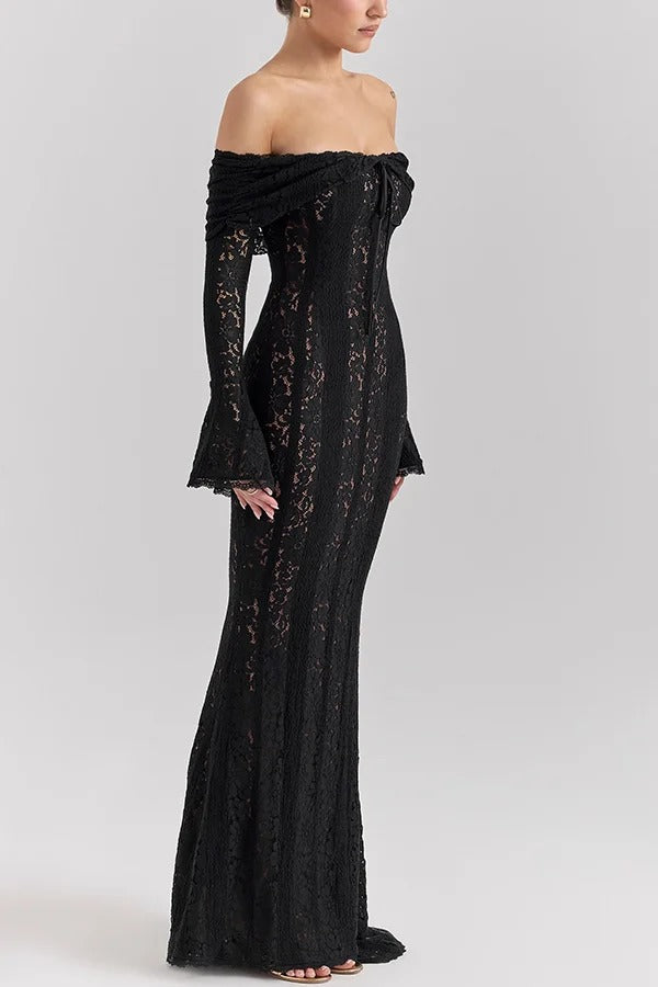 Weiße Off Shoulder Maxi Kleid Spitze Fishtail Damenkleid