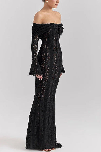 Weiße Off Shoulder Maxi Kleid Spitze Fishtail Damenkleid