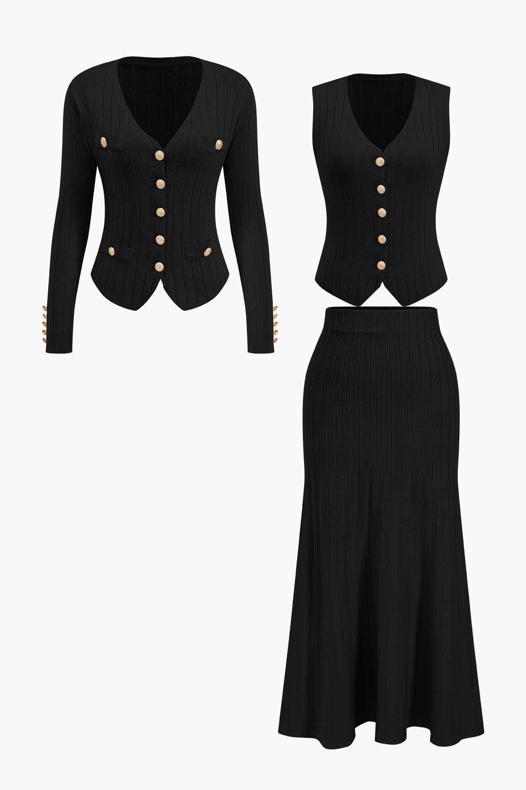 Damen Strick-Set mit Blazer, Weste und Midirock