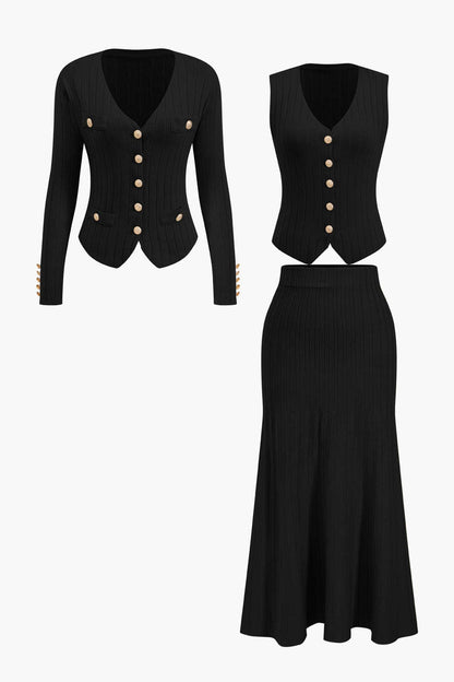 Damen Strick-Set mit Blazer, Weste und Midirock