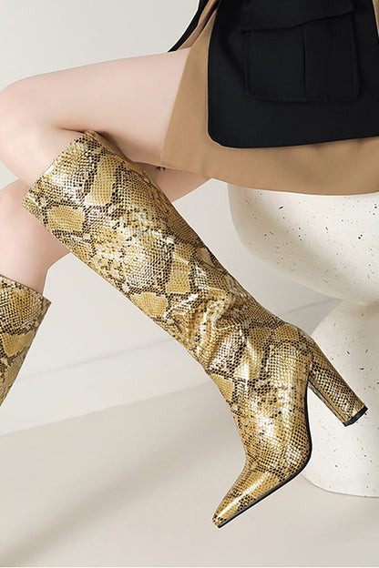 Goldene Stiefel Schlangenleder Optik Elegant Damen