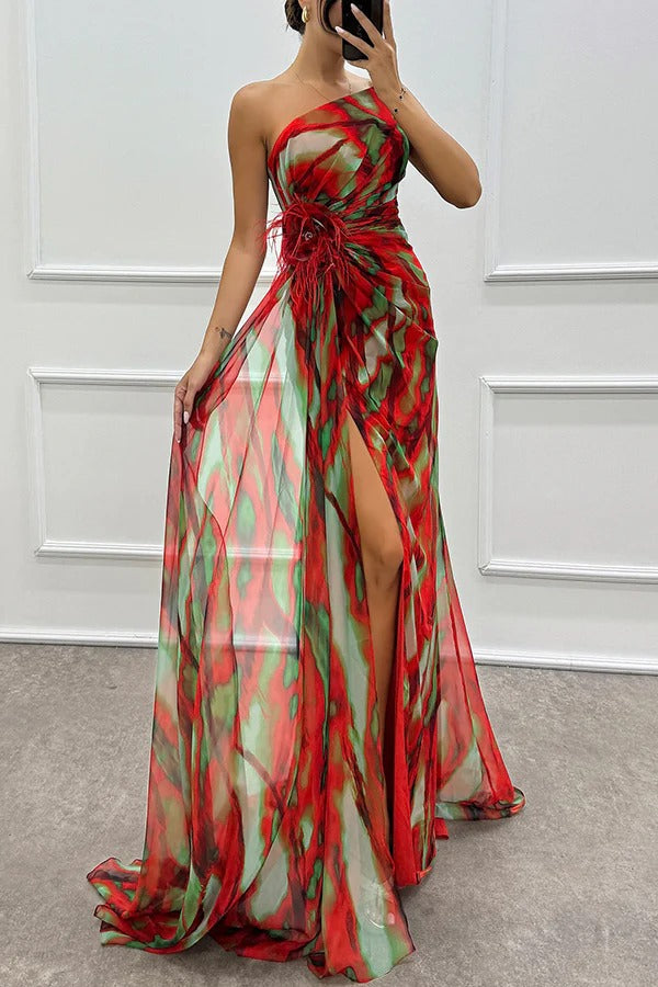 Schulterfreies Abendkleid Damen Lang Maxikleid mit Hochschlitz