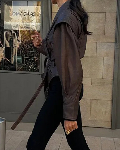 Lederjacke Lange Ärmel Schwarz Ledermantel Damen