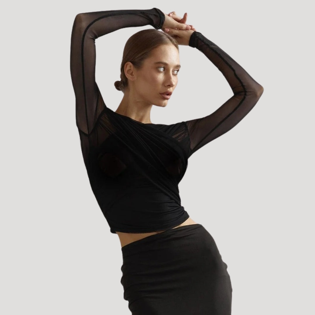 Damen Oberteil Langarm Transparent Wickeltop Frühling