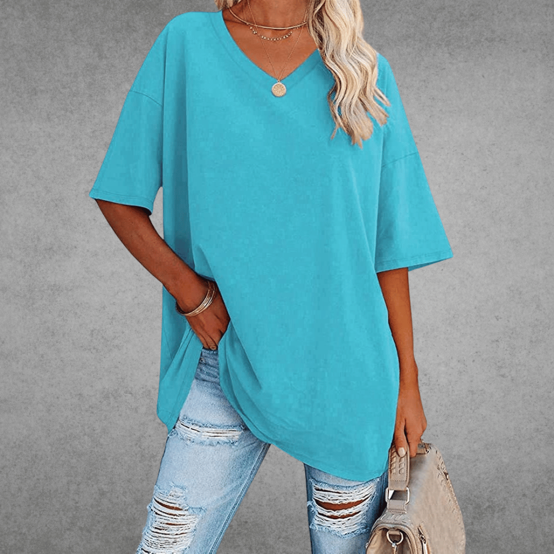 Damen T-Shirt Oversize V-Ausschnitt Lässig Leger