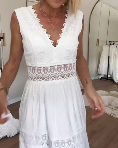 Midi Sommerkleid Spitze V-Ausschnitt Elegant Frauenkleid