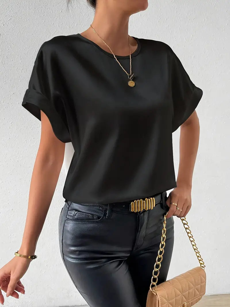 Damen T-Shirt Satin Optik Umschlag Ärmel Elegantes Design