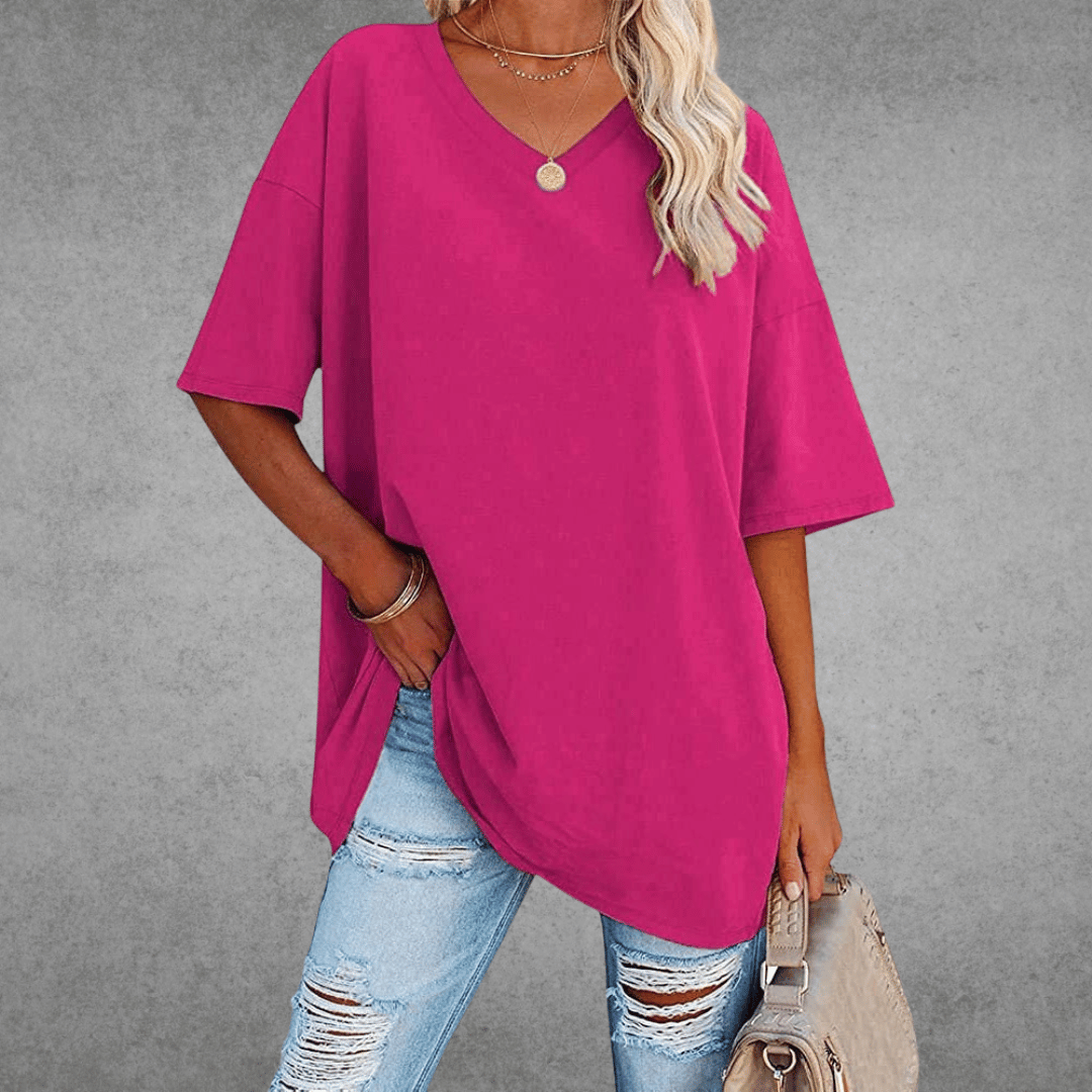 Damen T-Shirt Oversize V-Ausschnitt Lässig Leger