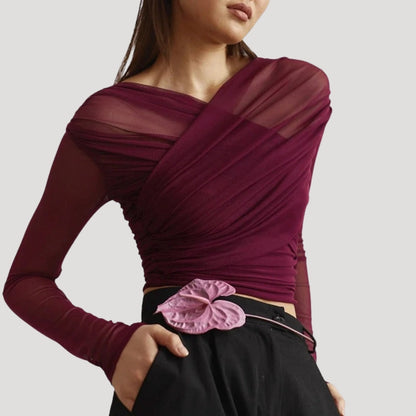 Damen Oberteil Langarm Transparent Wickeltop Frühling