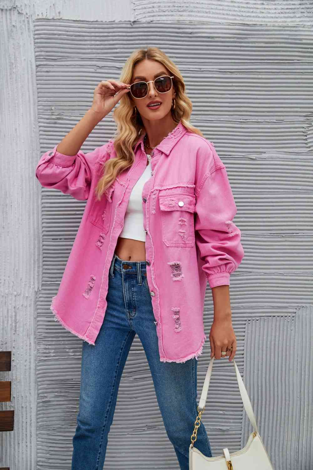 Rohsaum Denimjacke Zerrissen Trendig Frauenjacke