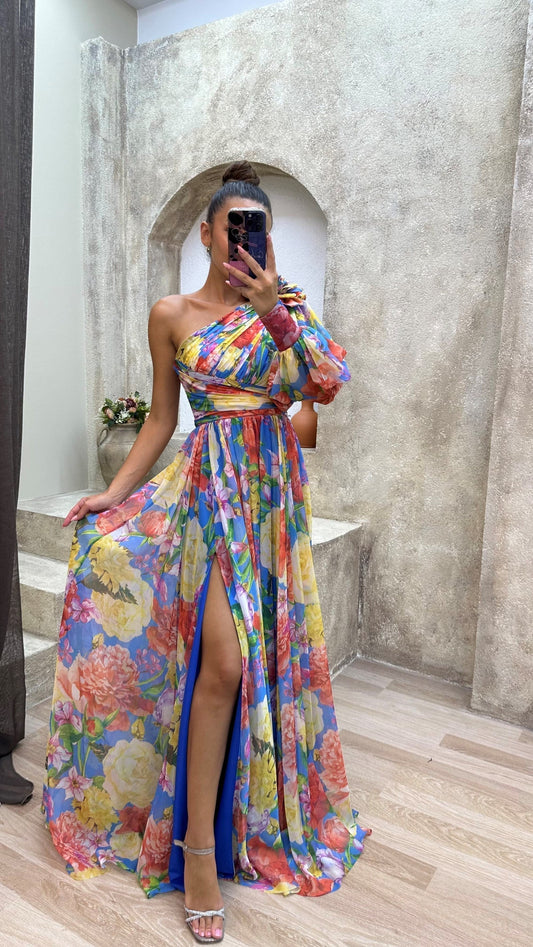 Hochzeitskleid Einarm Damenkleid Floral Elegant - BerlinGlamour