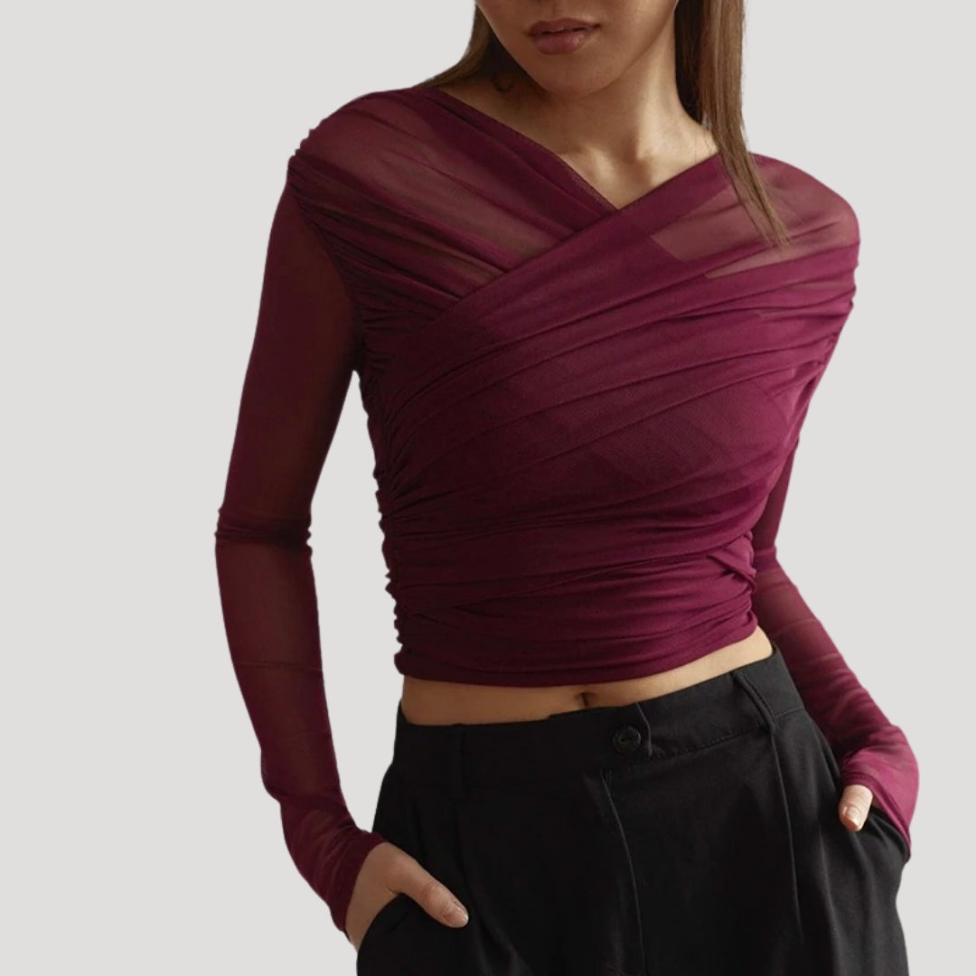Damen Oberteil Langarm Transparent Wickeltop Frühling
