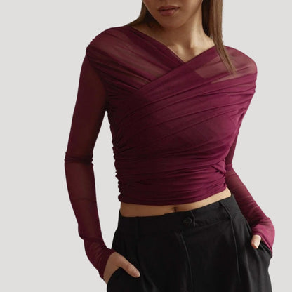 Damen Oberteil Langarm Transparent Wickeltop Frühling