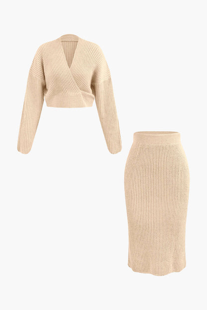 Klara | Damen Strick-Set Wickel-Oberteil Bleistiftrock Eleganz