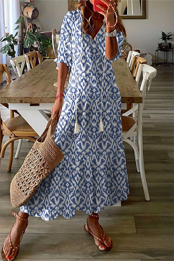 Moderne Maxi-Kleid Geometrischer Druck V-Ausschnitt Elegant - BerlinGlamour