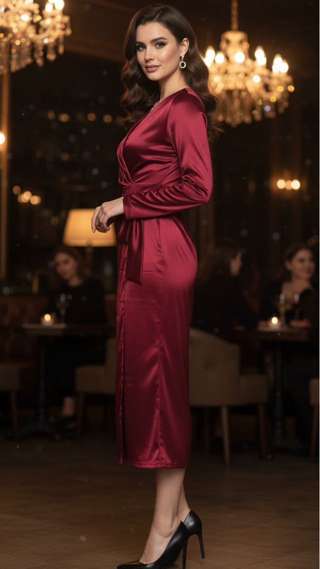 Damen Midikleid Frühling Wickelkleid Sommerkleid