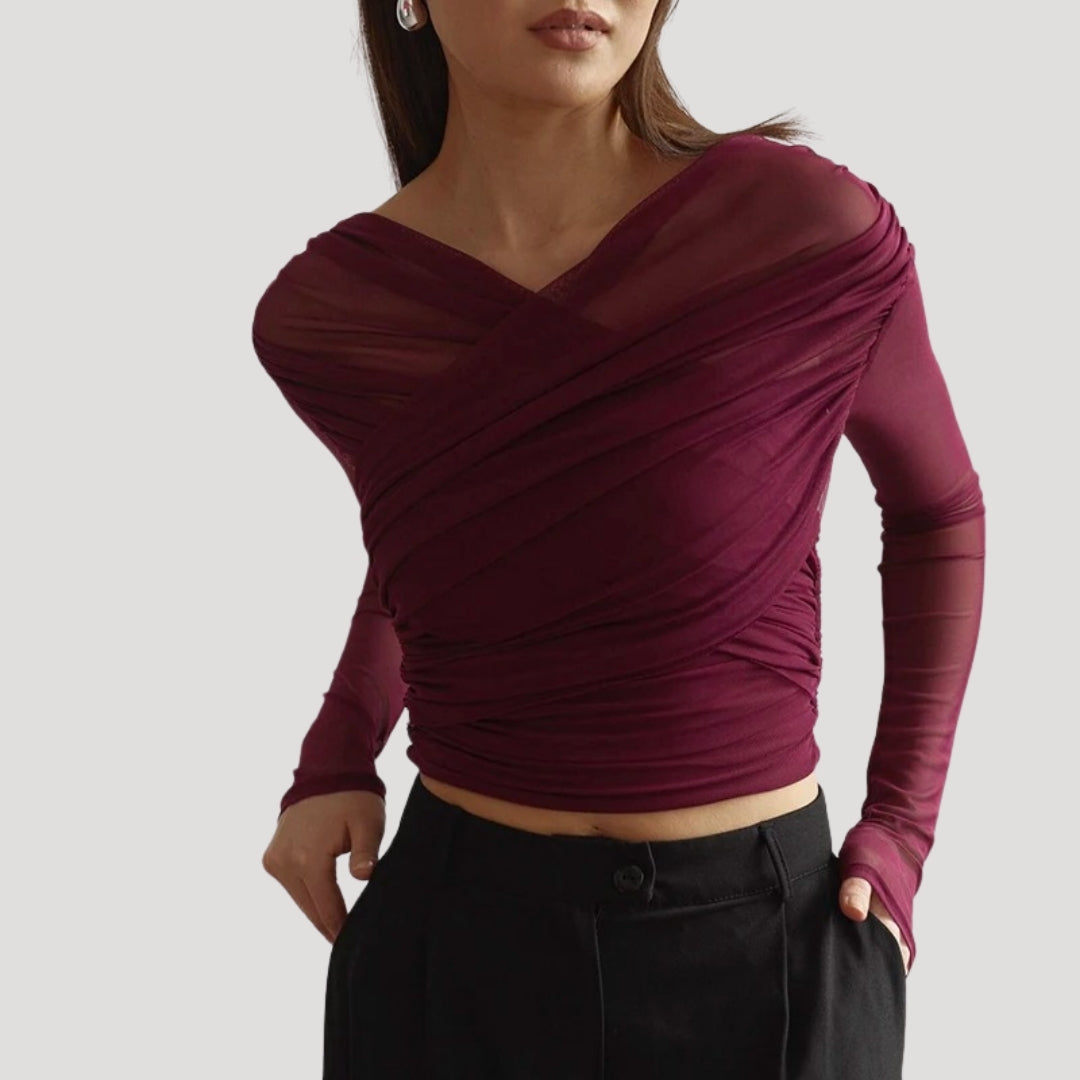 Damen Oberteil Langarm Transparent Wickeltop Frühling