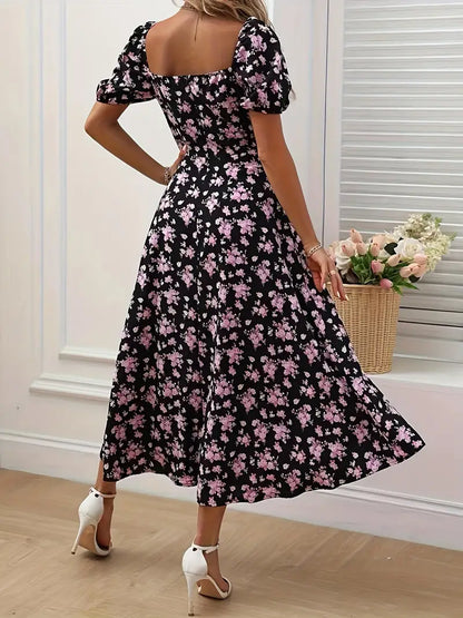 Schickes A-Linien-Kleid mit Puffärmeln Blumendruck Damenkleid