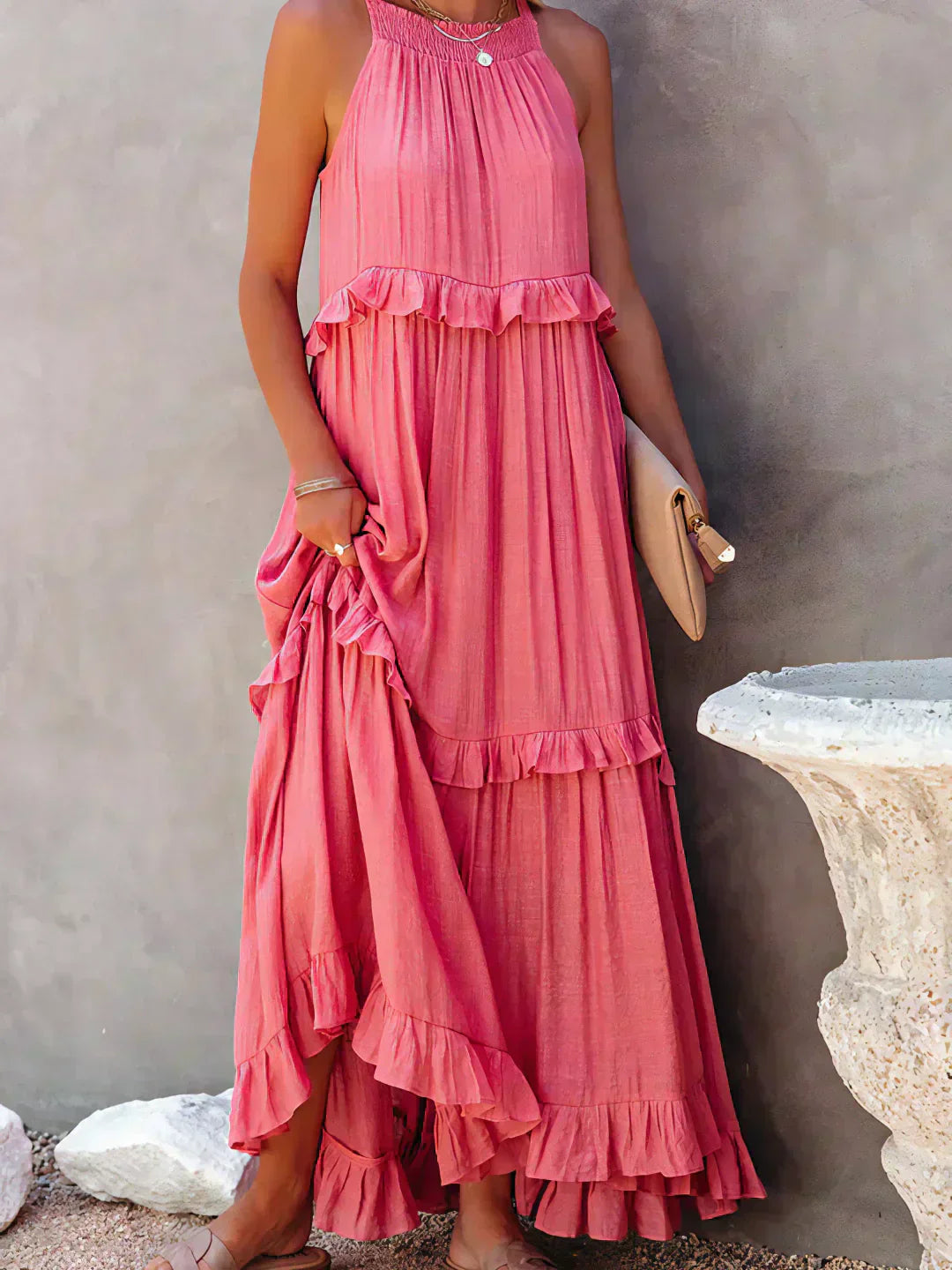 Sommer Maxikleid mit Volants Neckholder Damenkleid