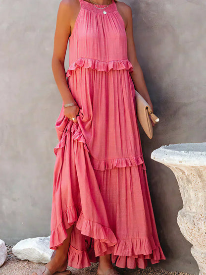 Sommer Maxikleid mit Volants Neckholder Damenkleid