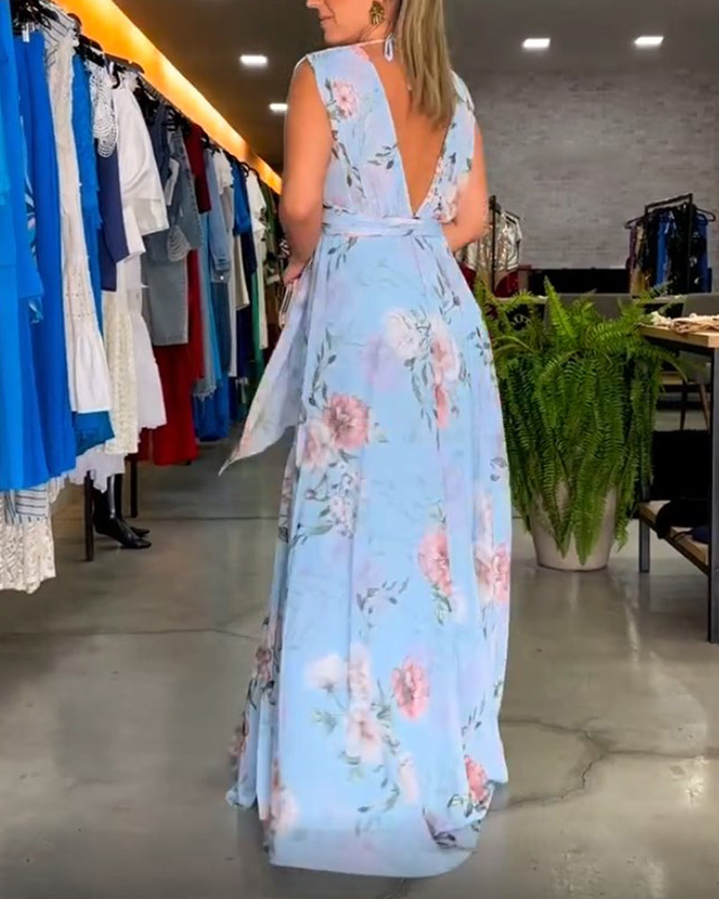 Elegantes Sommerkleid V-Ausschnitt Blumenprint