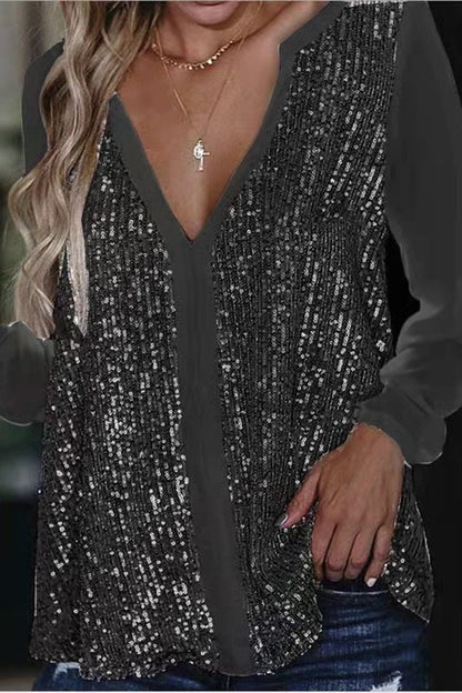 Glamour Bluse mit Pailletten V-Ausschnitt Langärmlig