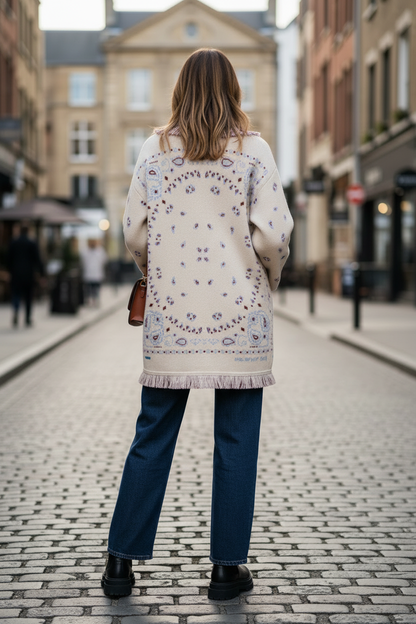 Damen Cardigan Strickjacke Warm mit Fransen und Muster