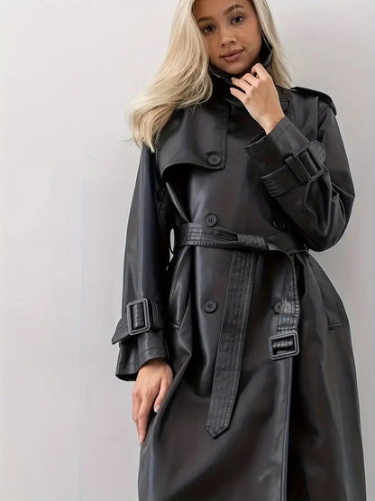 Damen Trenchcoat Lang Gürtetragend Kunstleder Schwarz