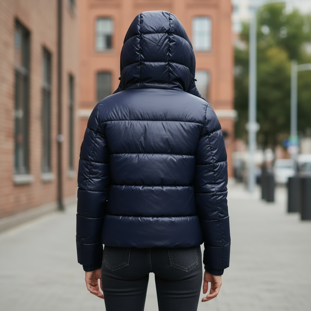 Rückansicht der Nuvessa Winterjacke – gesteppter Look mit Kapuze