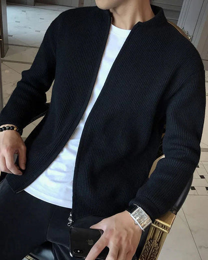 Herren Strickjacke Stehkragen Rippstrick Reißverschluss