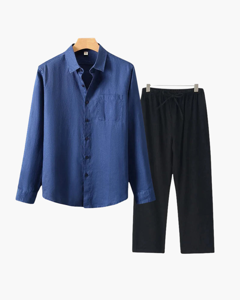 Herren Leinenanzug Sommer Zweiteiler Langarm Hose Hemd Set