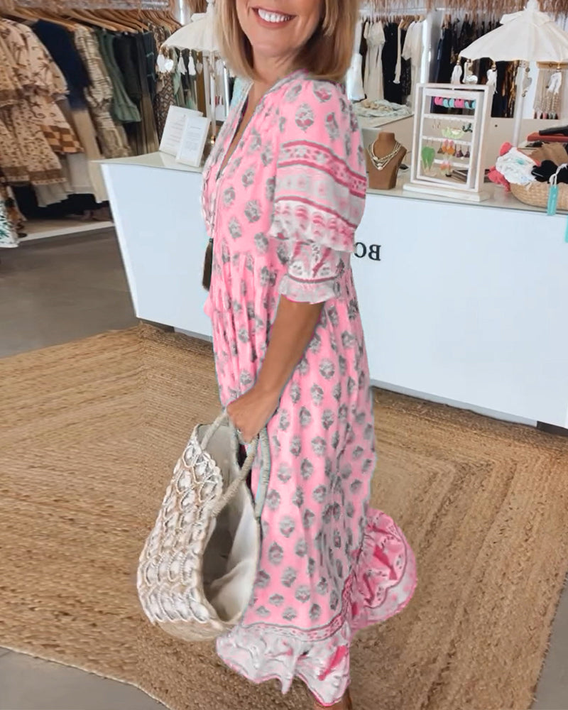 Damen Midi-Kleid Bedruckt V-Ausschnitt Sommerkleid