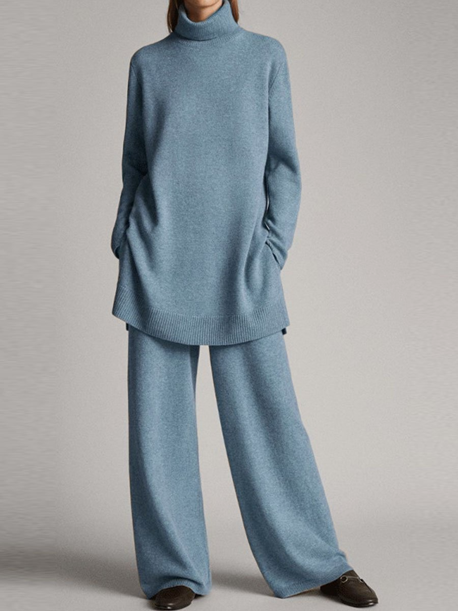 Damen Pullover und Hose Set Rollkragen Weitbein Warm
