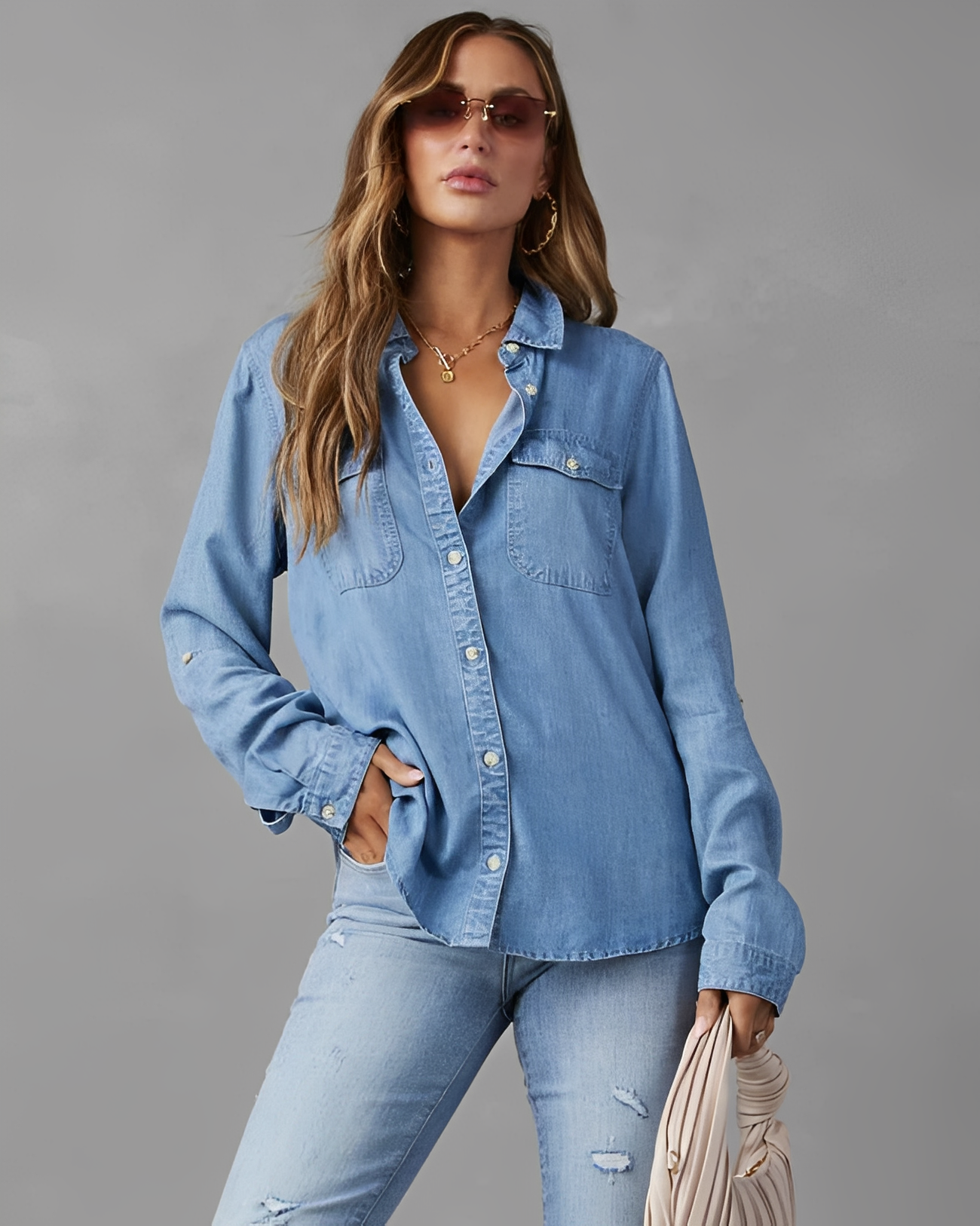 Damen Jeanshemd Langarm Klassisch Modern