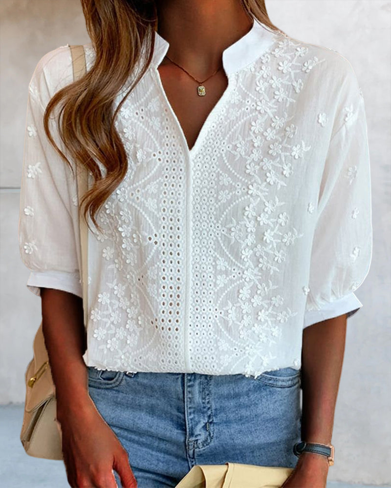 Damen Bluse V-Ausschnitt Puffärmel Elegant