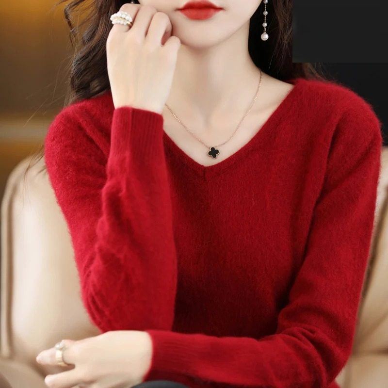 Damen Pullover V-Ausschnitt Weich Leichter Strick